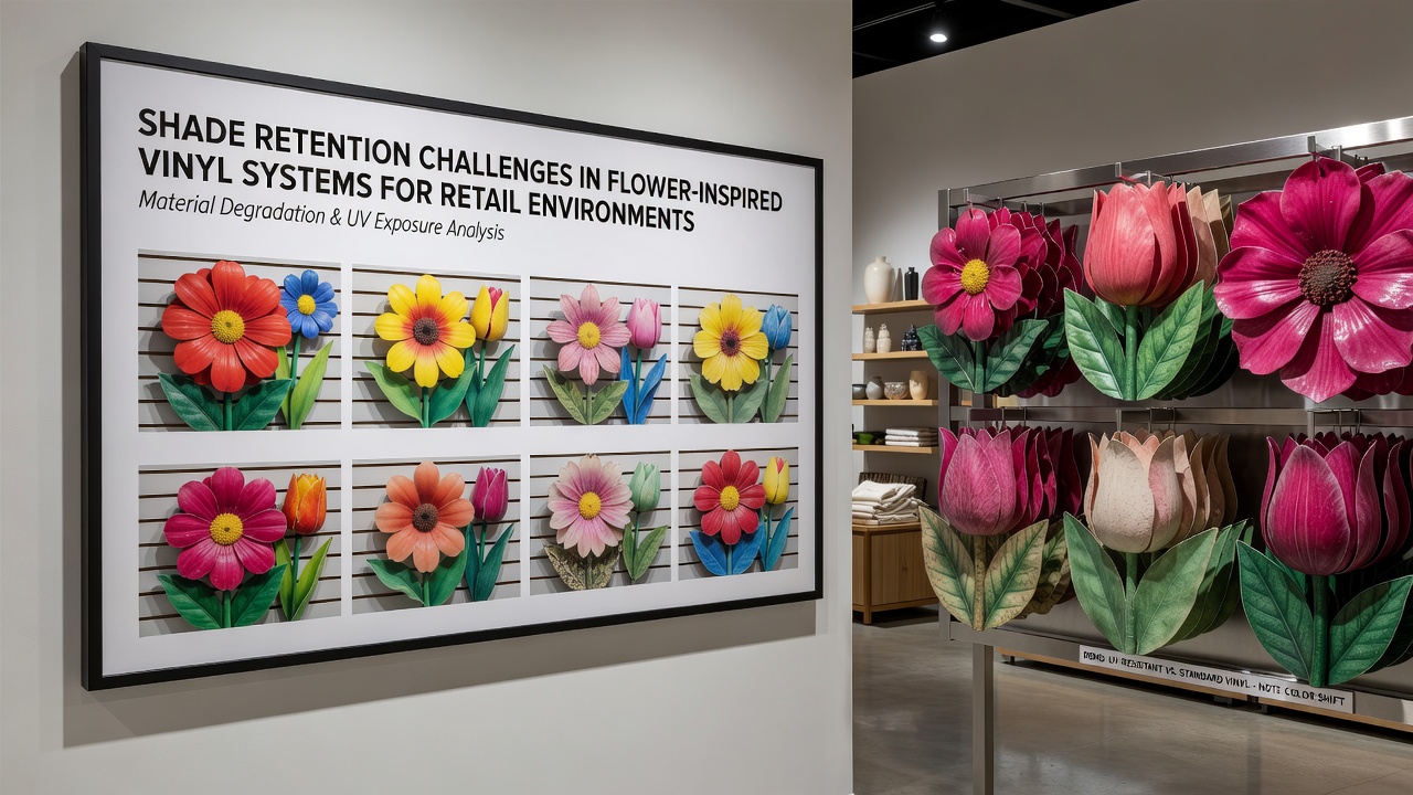 Retail store aisle featuring installed flower-inspired vinyl flooring with visible shade retention variations near display windows