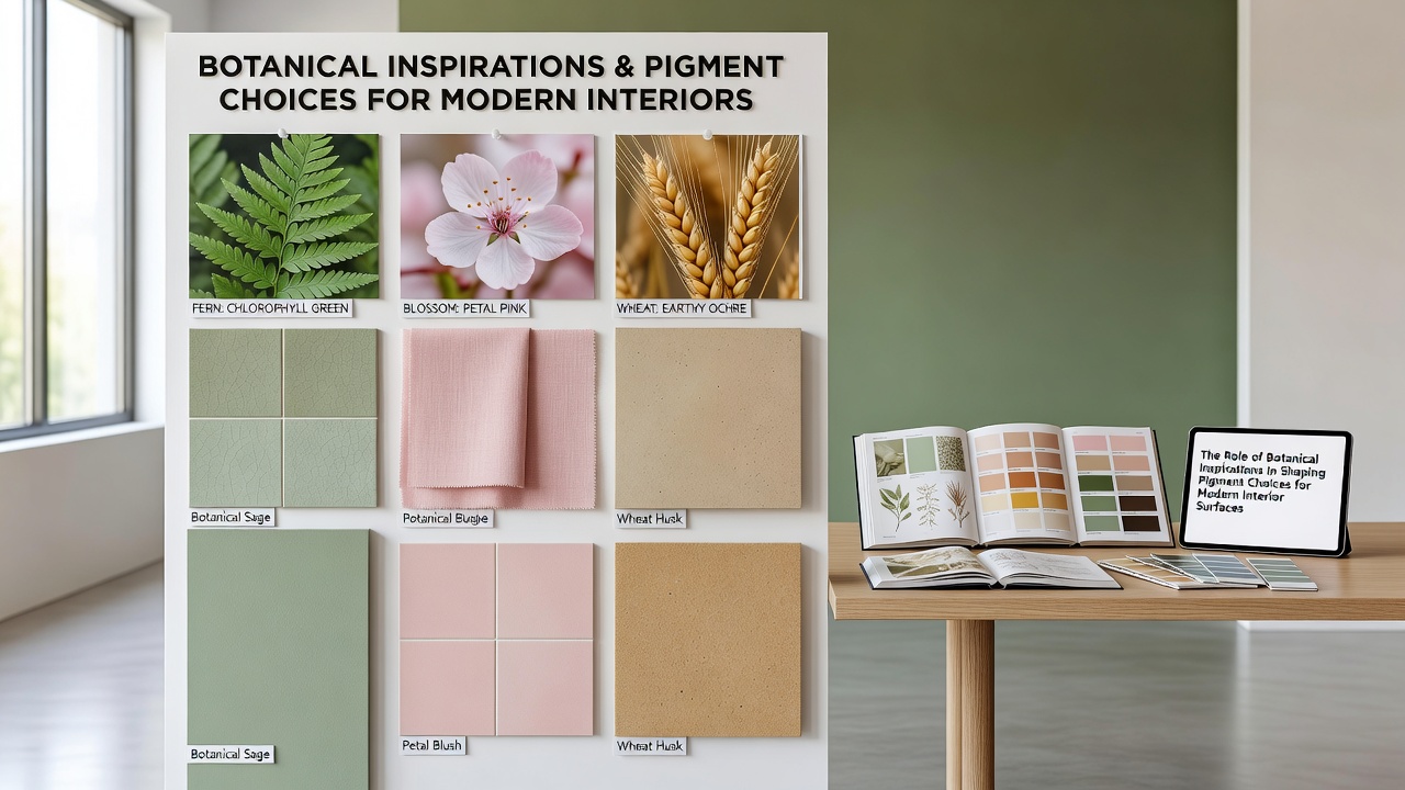 Detailed view of plant-inspired pigment textures on modern interior surfaces including walls and flooring