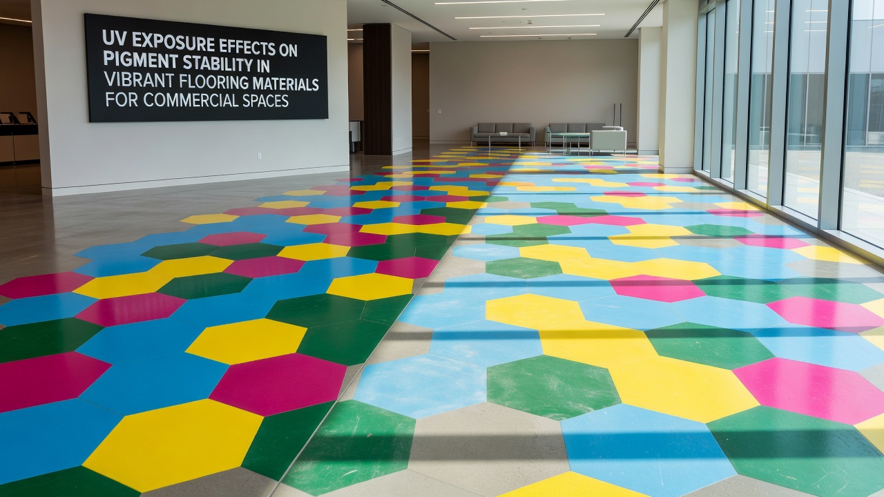 Commercial lobby flooring comparison illustrating pigment stability differences after prolonged UV exposure